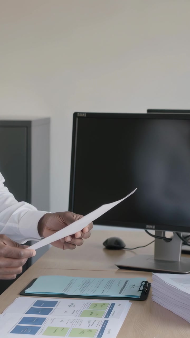 Video verticale: Uomo in camicia bianca che tiene un foglio, sfoglia e archivia pagine alla scrivania dell'ufficio, con spazio per il testo