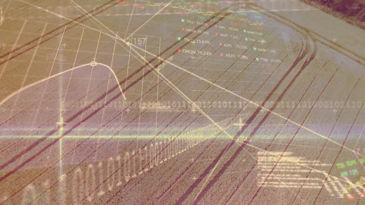 Animazione dell'elaborazione di dati del mercato azionario su una vista aerea di campi agricoli.