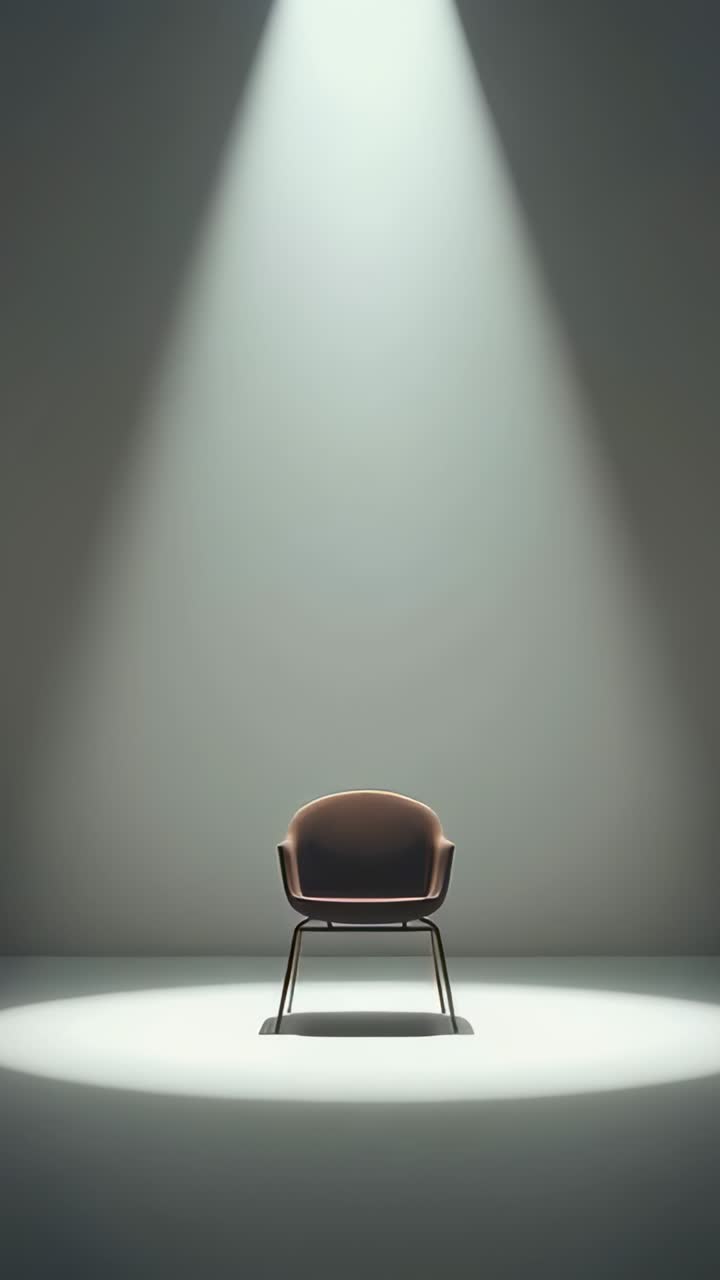 Vertical video: Camera shifting and zooming, revealing brown armchair at center under spotlight
