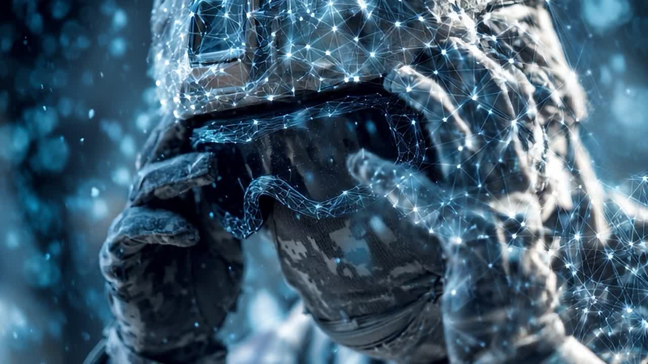 Soldier wearing advanced technology goggles in a futuristic setting