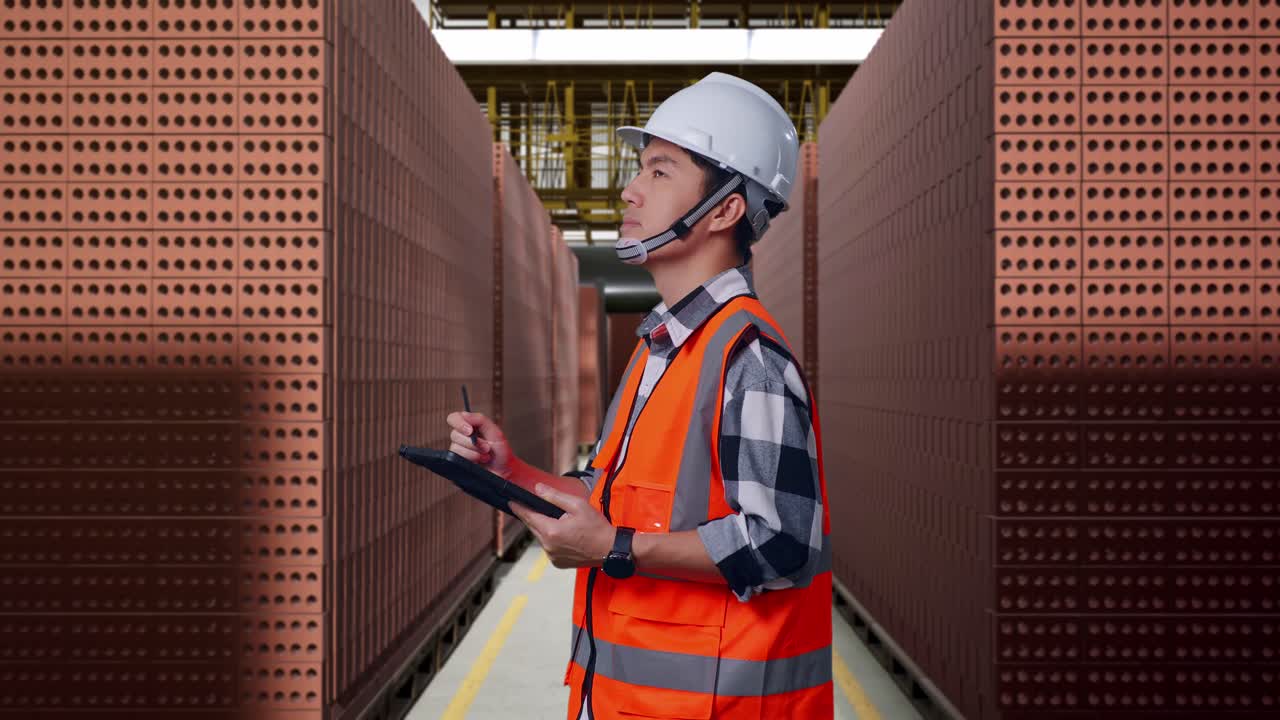 Worker Inspecting Bricks in a Warehouse