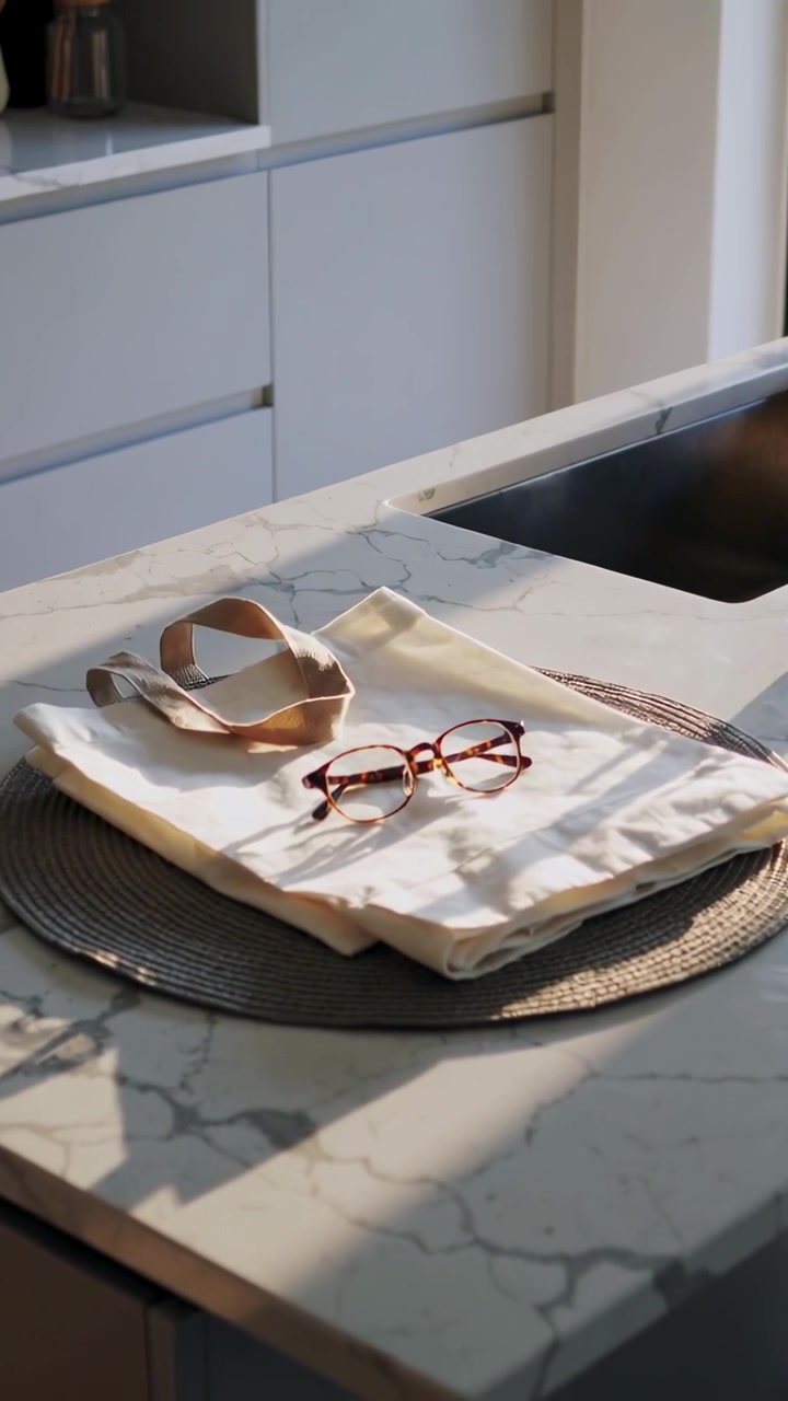 Vertical video: Panning cam showing cream tote with tortoise specs on mat at counter to reveal sink