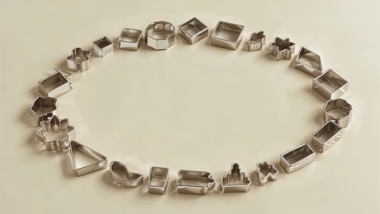 Rotating ring of metal cookie cutters showing shapes in studio as camera shifting to show details