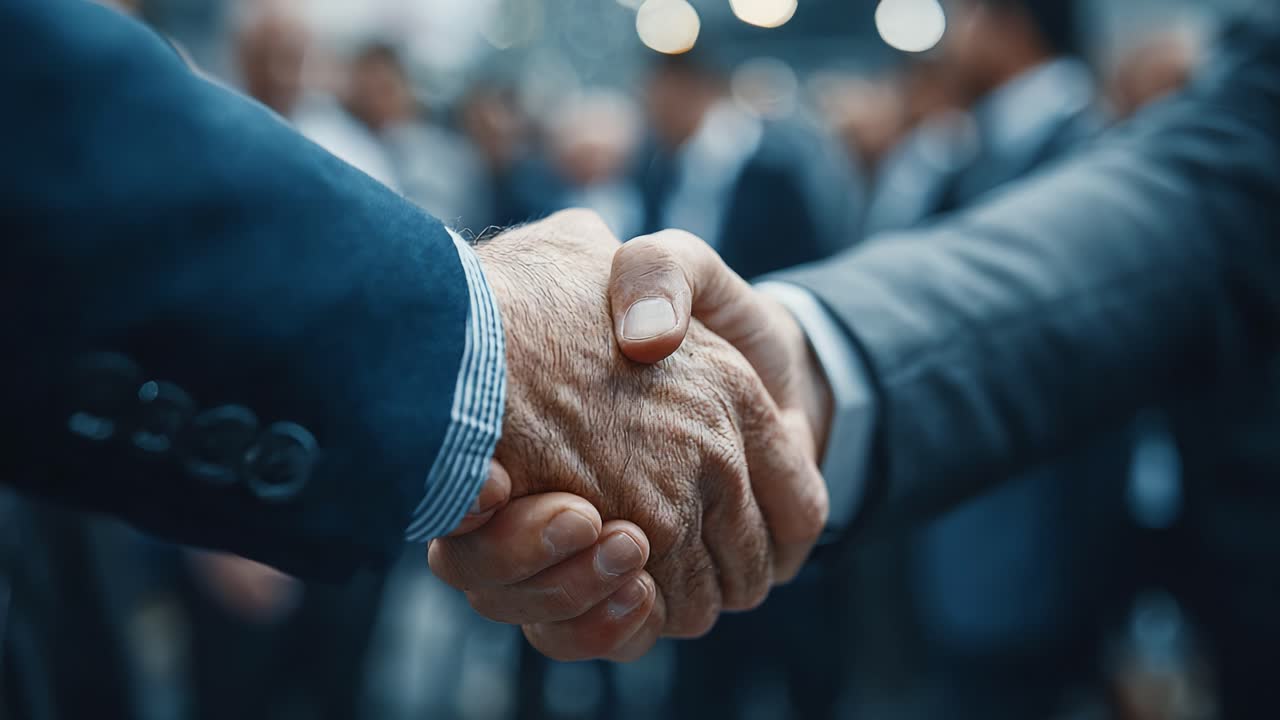 A Firm Handshake Indicating a Successful Agreement Between Professional Colleagues in a Dynamic Business Environment with a Blurred Background of Peers