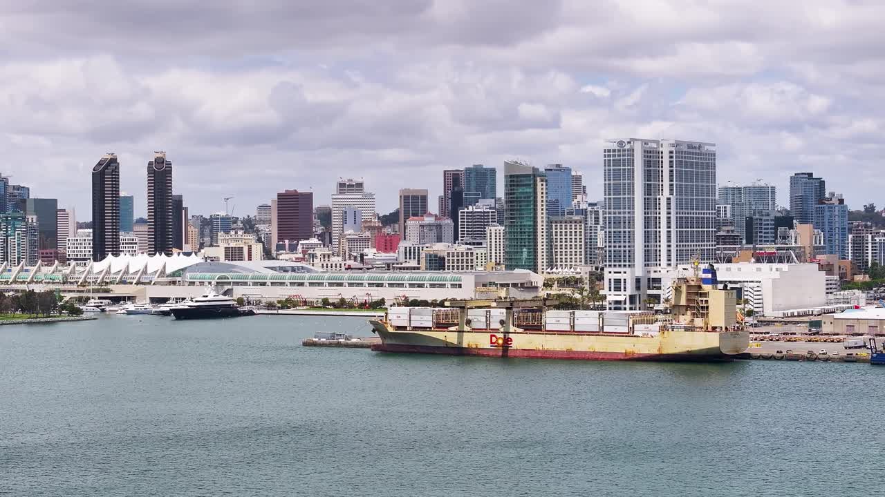 Aerial view of downtown San Diego panning right to left