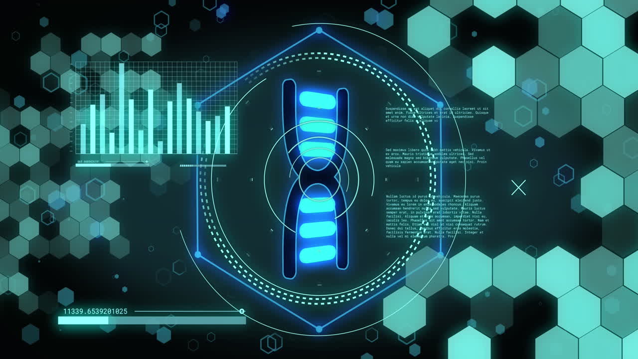 animación del icono de cadena de adn y procesamiento de datos en fondo negro