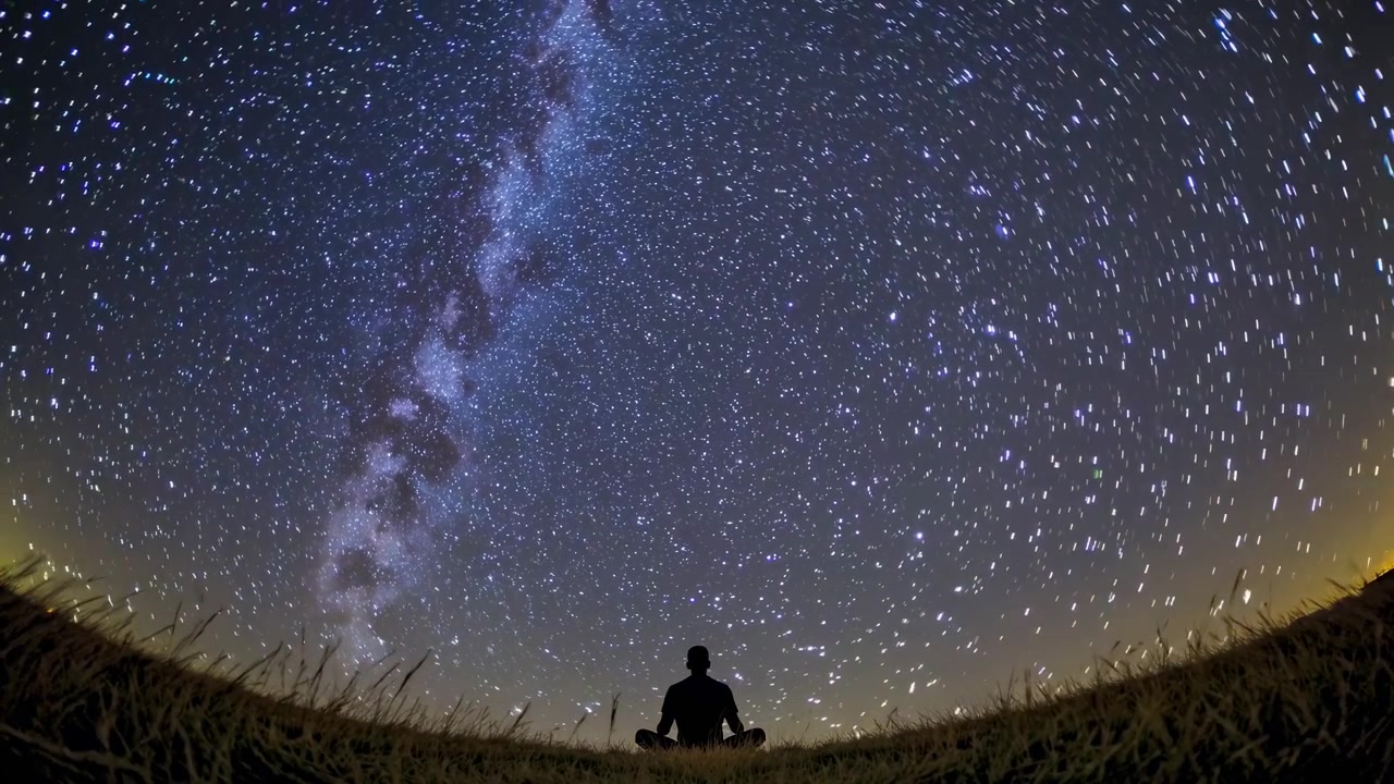Persona meditando bajo un cielo nocturno estrellado con un timelapse de la Vía Láctea