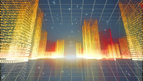 animation of shining stars and 3d city model over grid network against blue background