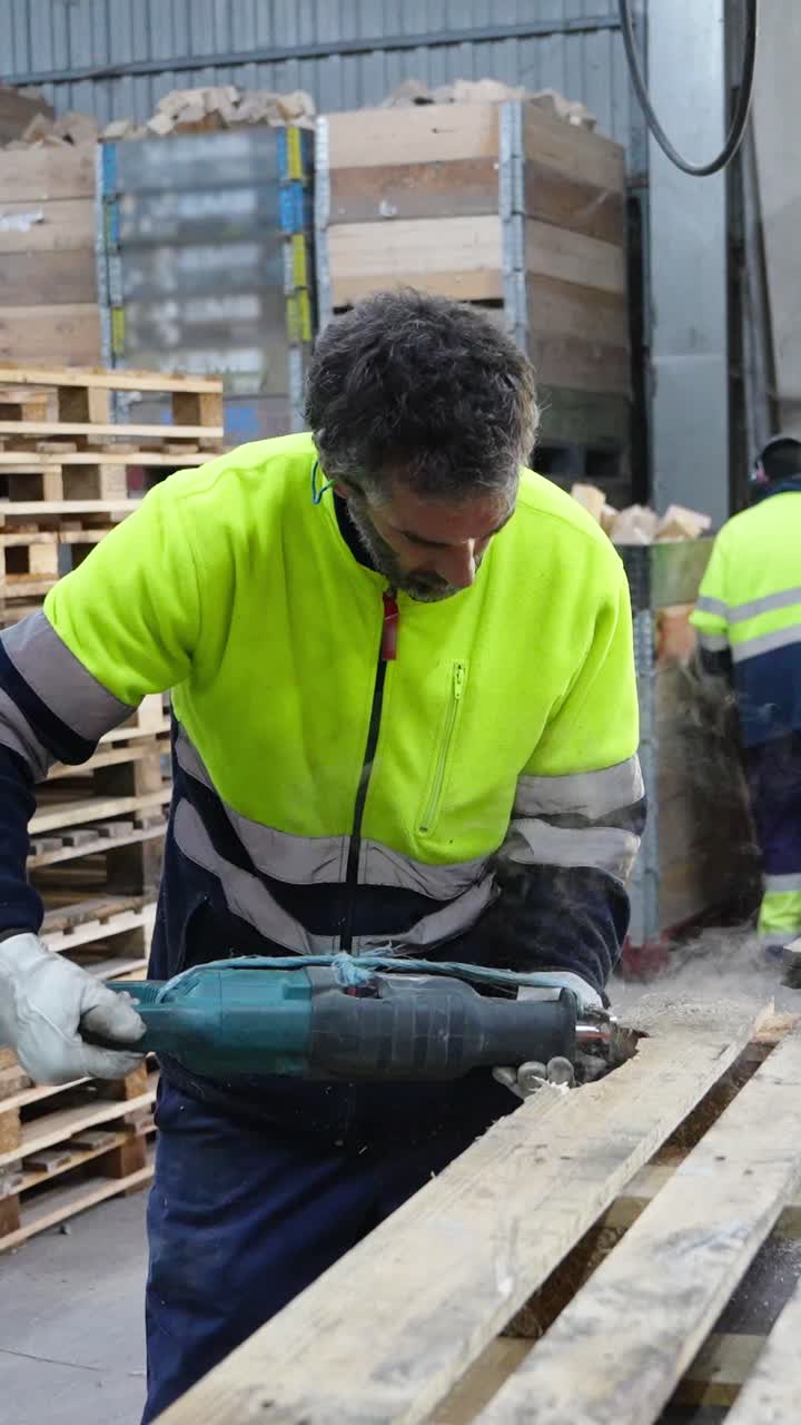Homem serrando palete de madeira