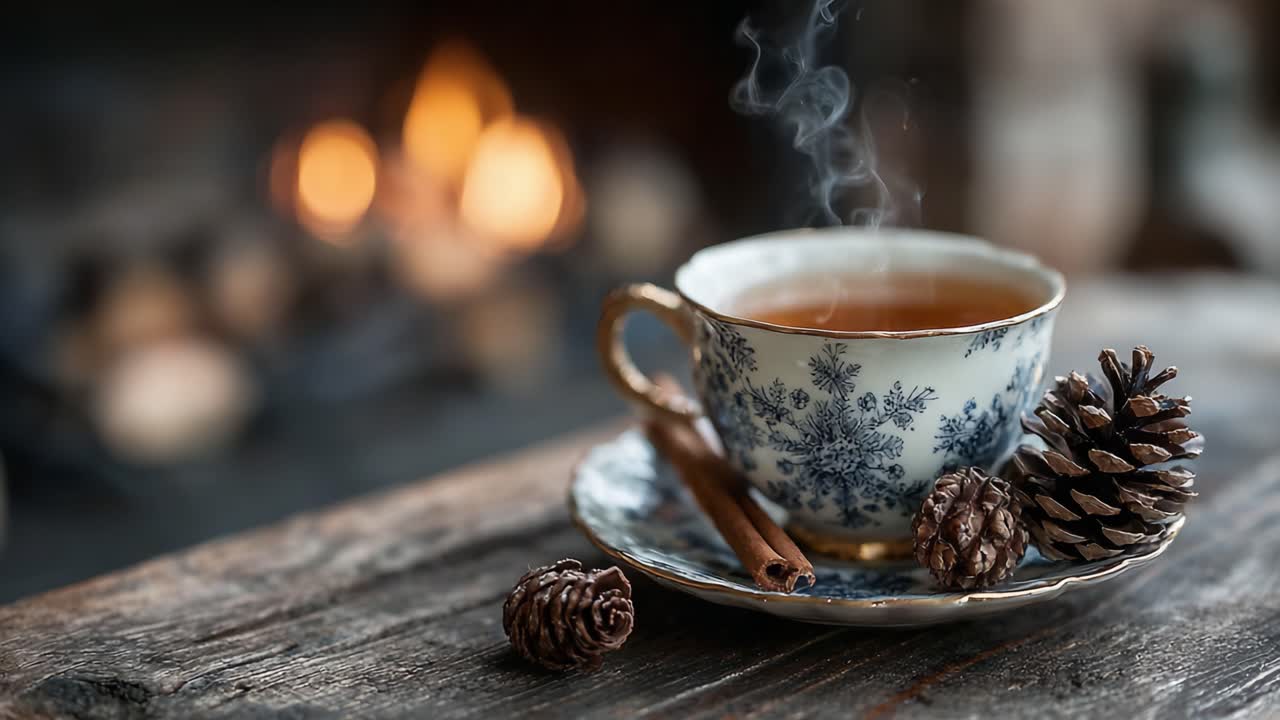 A Cozy Tea Experience: Delight in a Beautifully Crafted Cup of Tea Surrounded by Charming Decor with Fragrant Steam Rising, Perfect for Relaxation by the Hearth