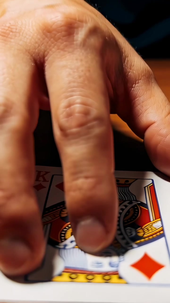 Video verticale: Mano che tocca, preme e fa scorrere una carta su un tavolo di legno, rivelando il Re di Quadri.