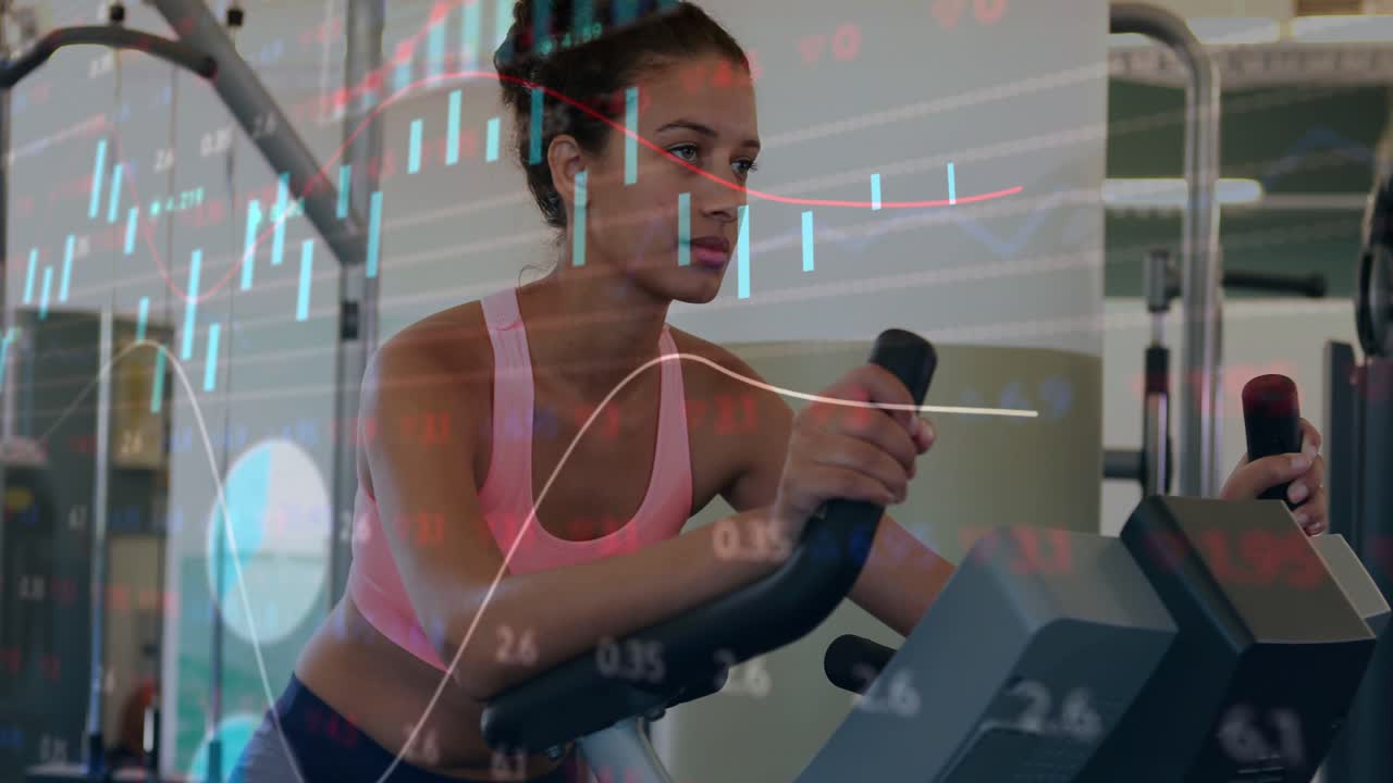 Woman starting cardio leaning on bike holding bars and checking screen as finance charts appearing