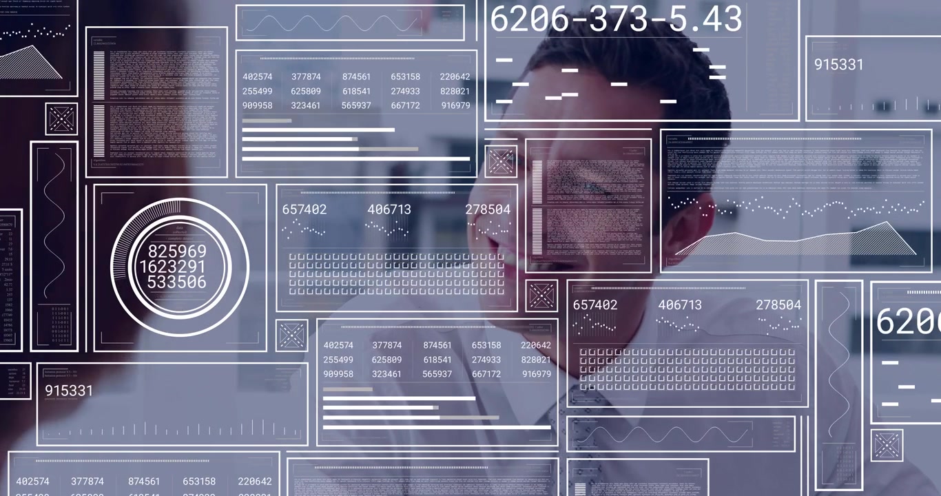 Man leaning forward and speaking, causing AR widgets while reviewing business metrics in meeting