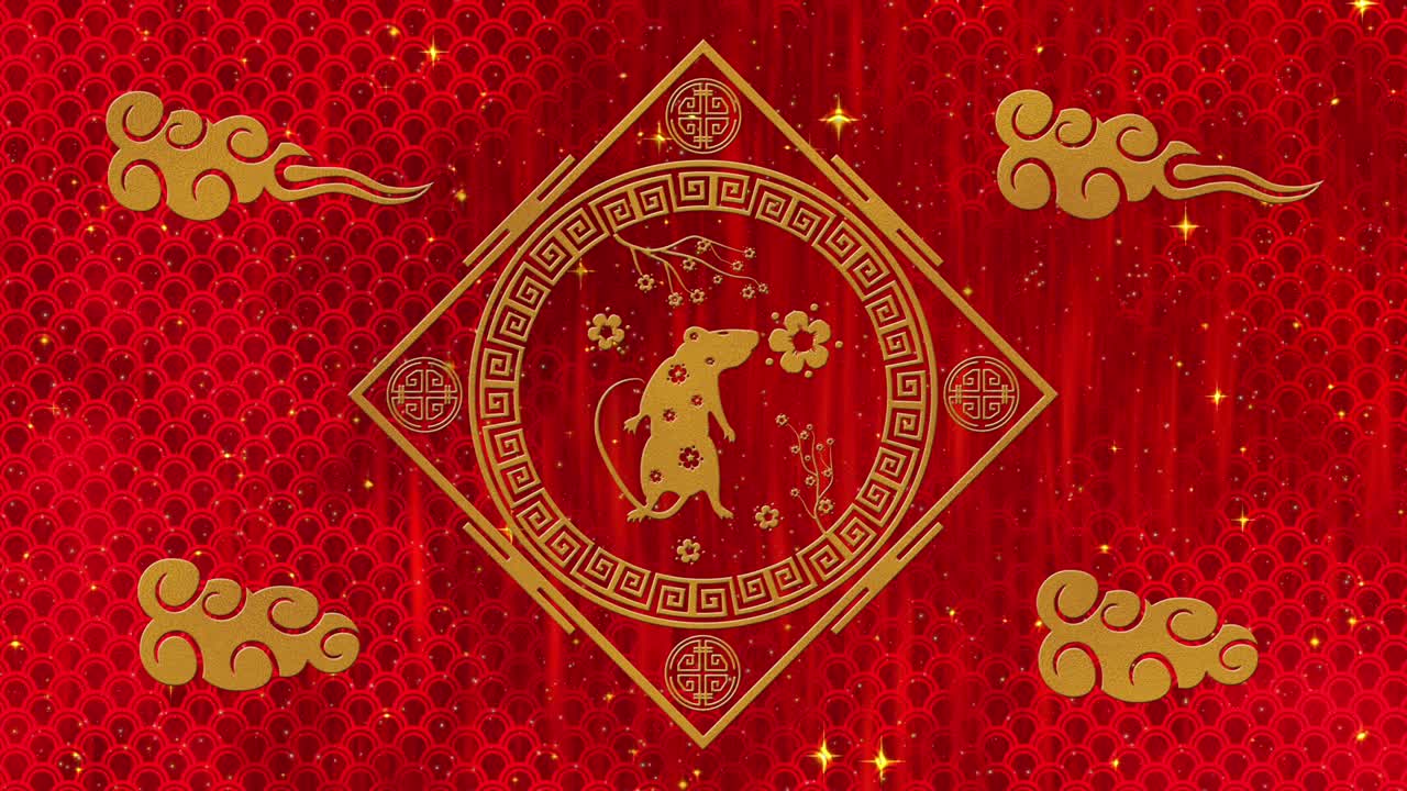 año nuevo lunar, fondo del festival de primavera con rata dorada, sakura, brillante patrón de dragón de seda. telón de fondo de papel rojo del año nuevo chino para el evento de vacaciones. animación de renderización 3d. bucle sin costuras 4k