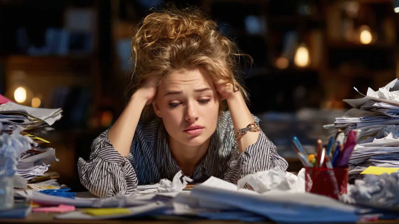A Young Woman Surrounded by Piles of Paperwork Expresses Overwhelm and Frustration While Trying to Stay Focused on Her Tasks in a Dimly Lit Room