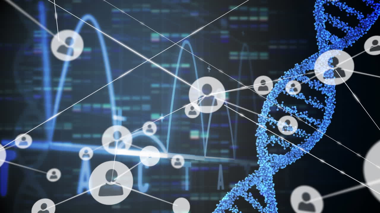 연결 네트워크와 dna 구조가 검은 바탕에 있는 파란색 빛의 흔적에 대해 회전합니다.