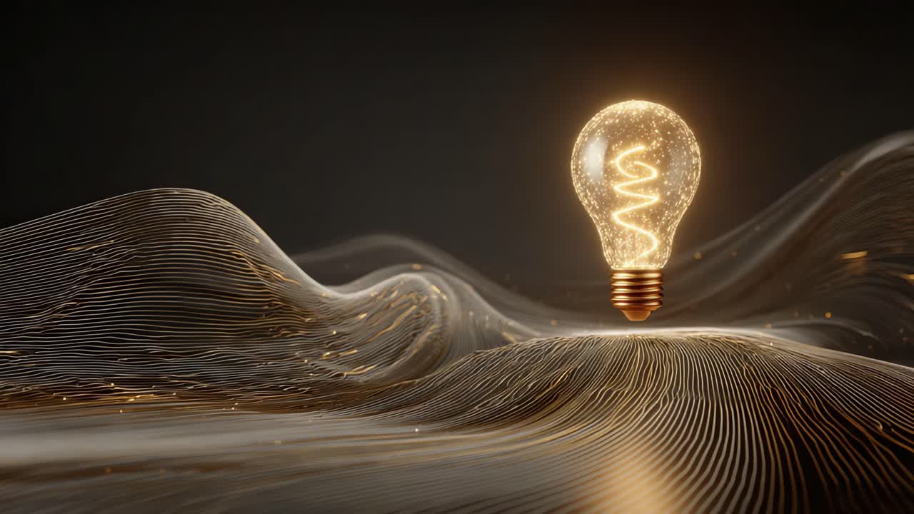 Luminous light bulb glowing with sparkling filament particles floating over a dynamic landscape of elegant golden lines, representing a concept of innovation, creativity, and energy