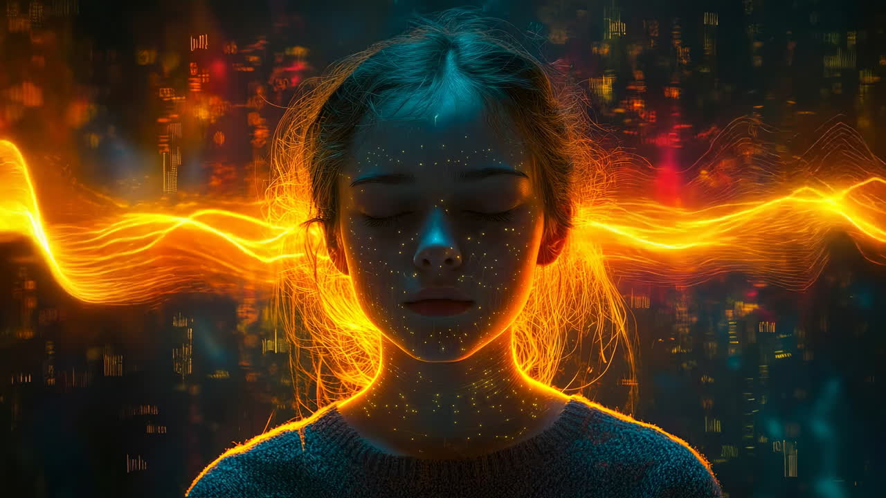 Chica con líneas brillantes en escena urbana. Una chica está de pie con los ojos cerrados mientras unas líneas brillantes se mueven por su rostro. El fondo muestra las luces de la ciudad por la noche.