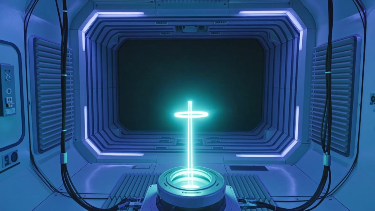 En pulserende central emitter projicerer en turkis stråle og danner en ring i et sci-fi-kammer til systemtest.