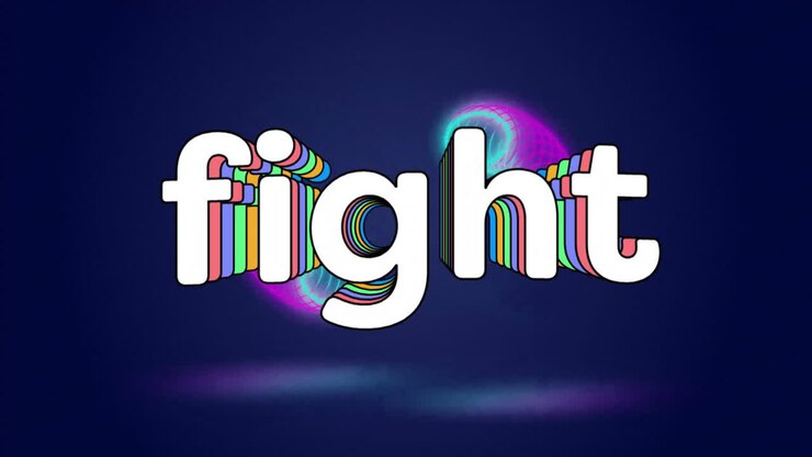 Animazione del testo 'fight' su sfondo blu