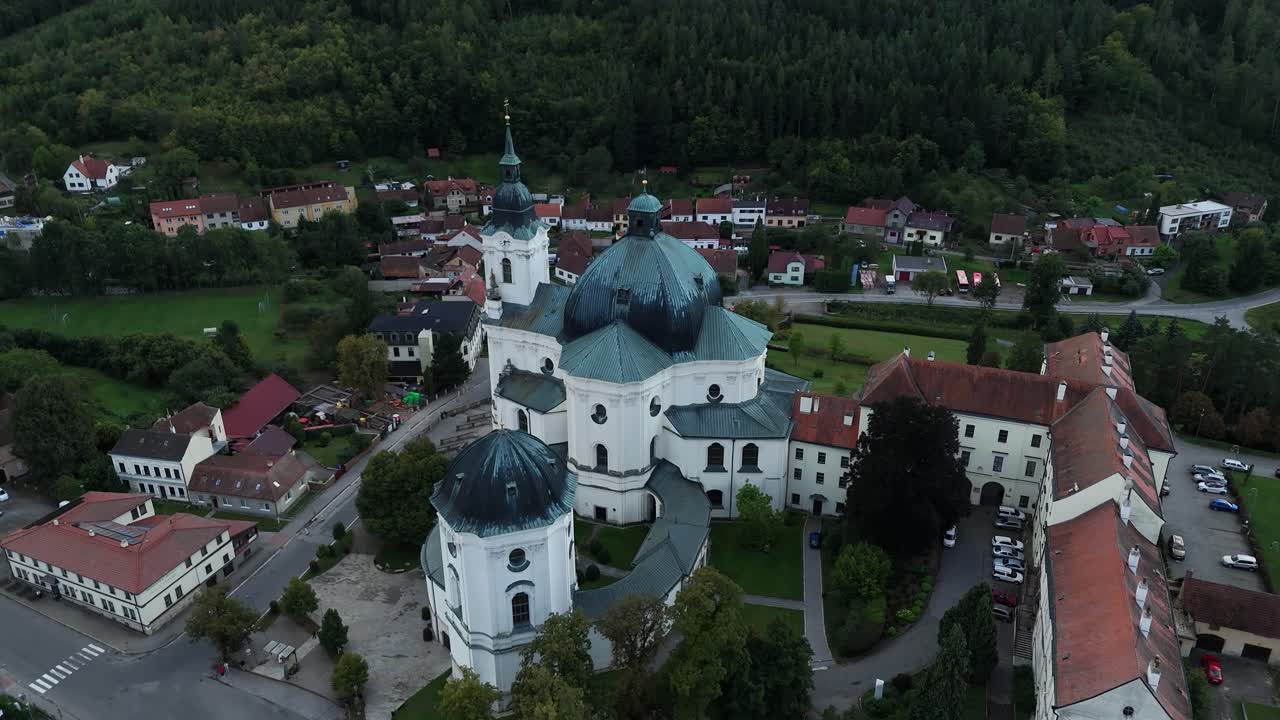 Aerial of Křtiny church in the evening