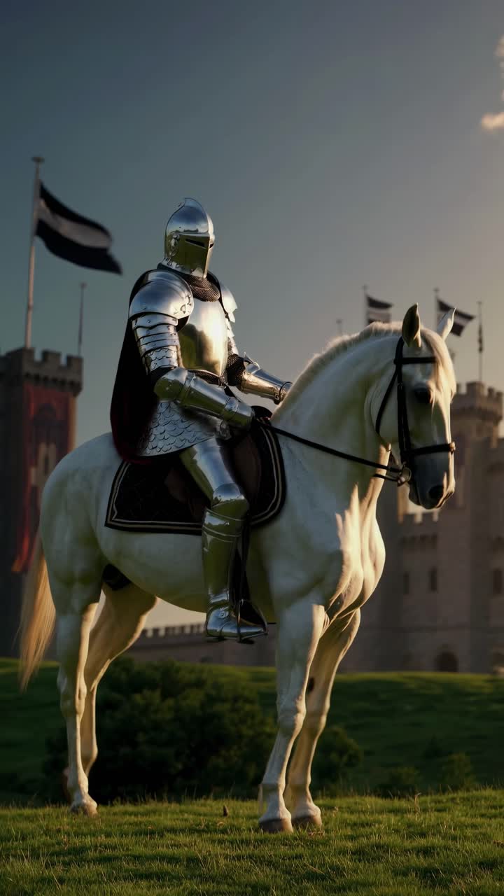 A knight in shining armor on a white horse, set against a castle backdrop