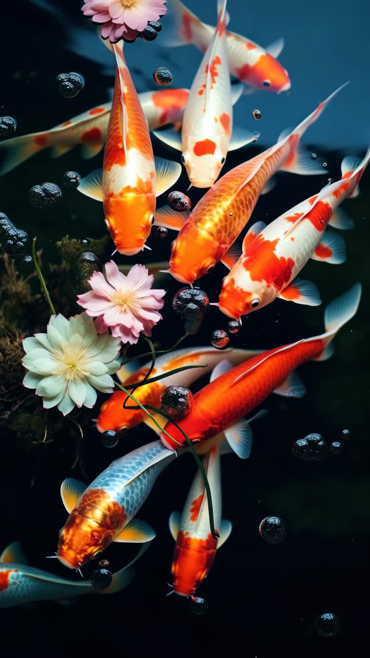 Top-down video view of vibrant koi fish swimming among pink flowers in a pond, capturing a serene