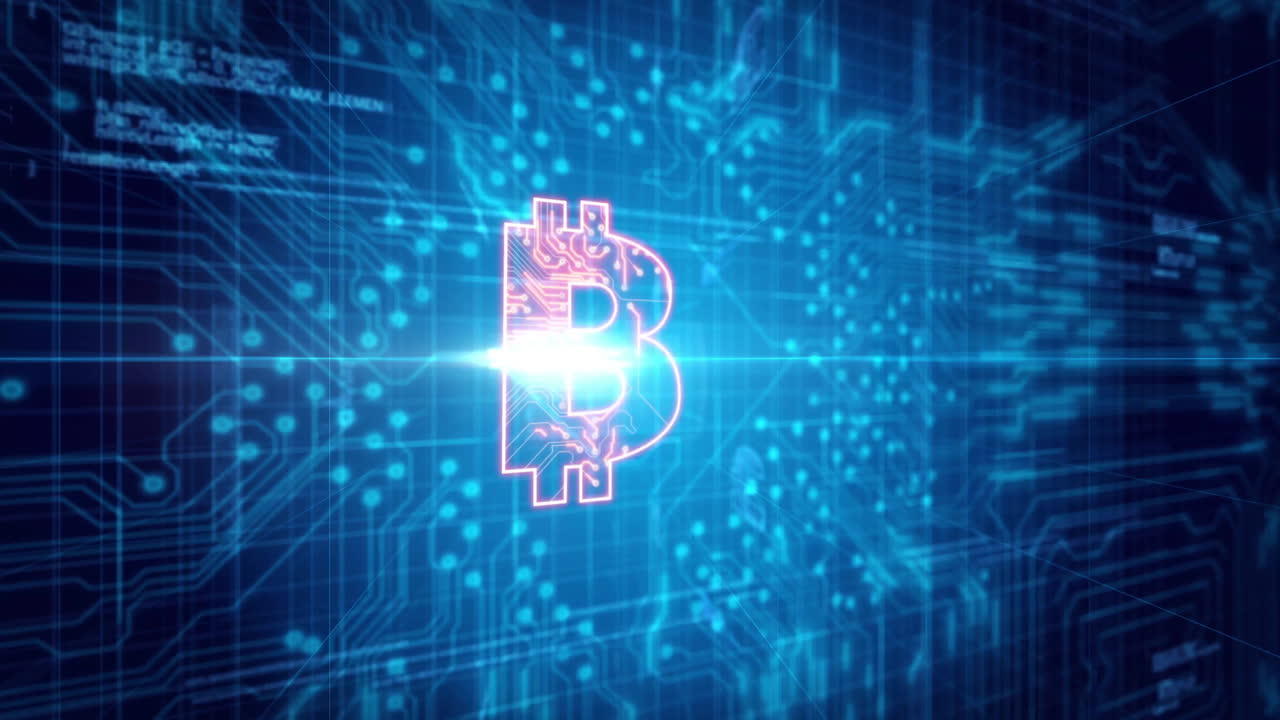 animación del procesamiento de datos y iconos de bitcoin a través de conexiones