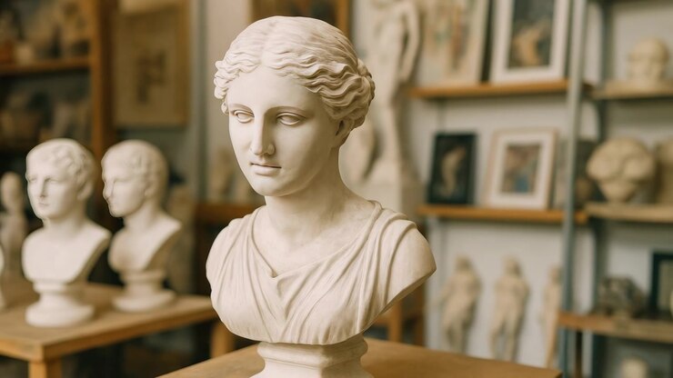 Busto classico in gesso di una donna in uno studio d'arte