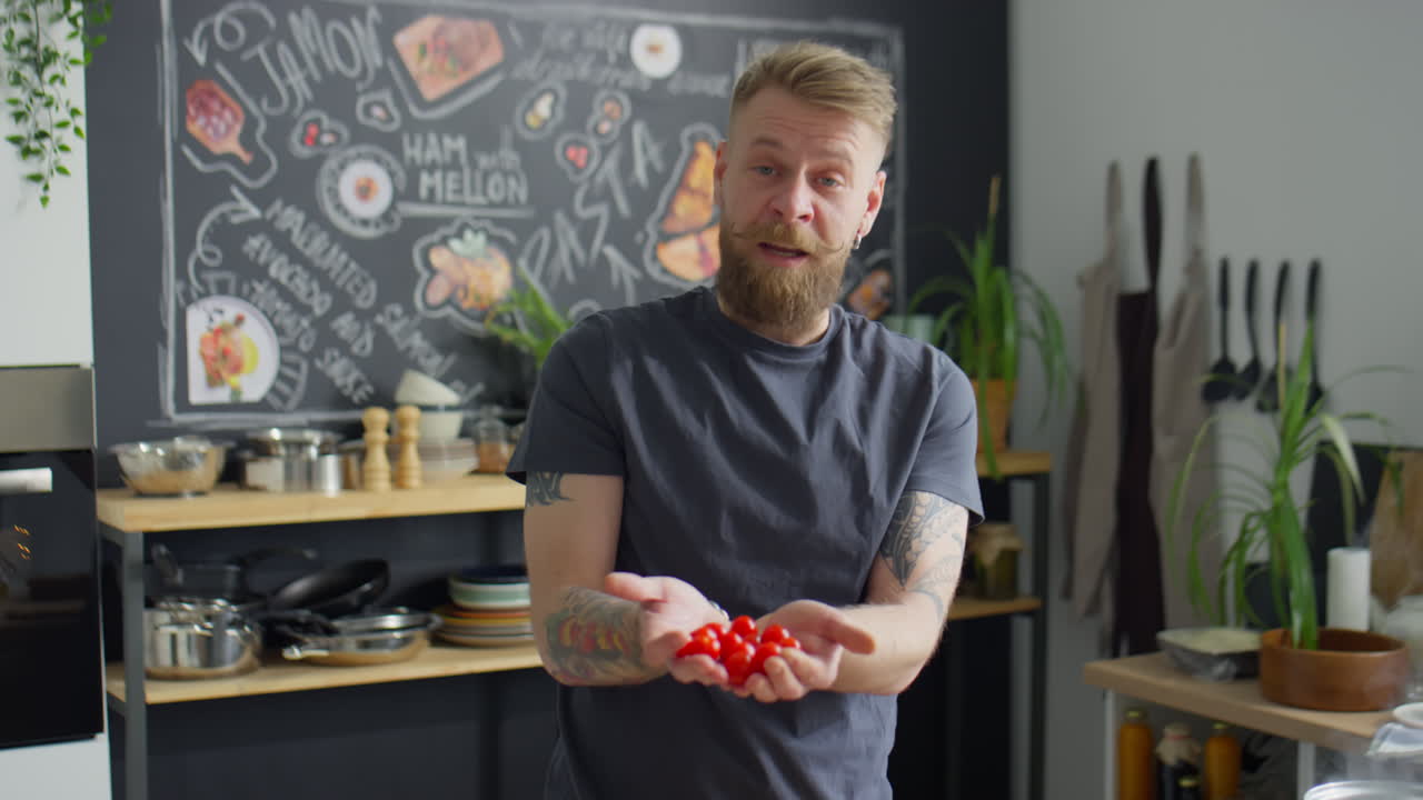 Food Blogger Showing Cherry Tomatoes and Speaking on Camera