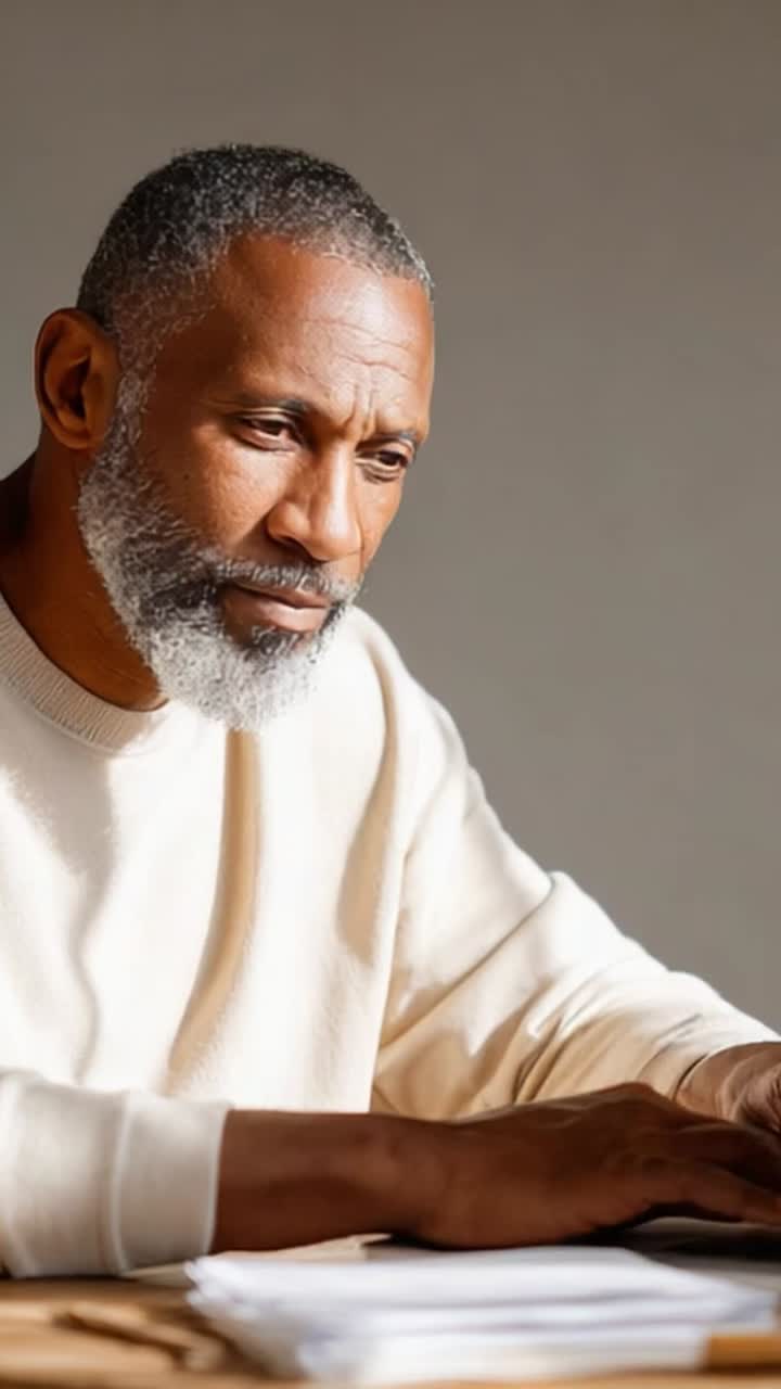 Focused Older Man Engaged in Thoughtful Reflection While Working on Documents at a Table in Soft Natural Light