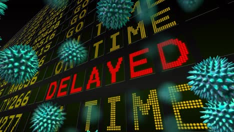 Animation-of-covid-19-cells-over-delayed-flights-on-digital-airport-board