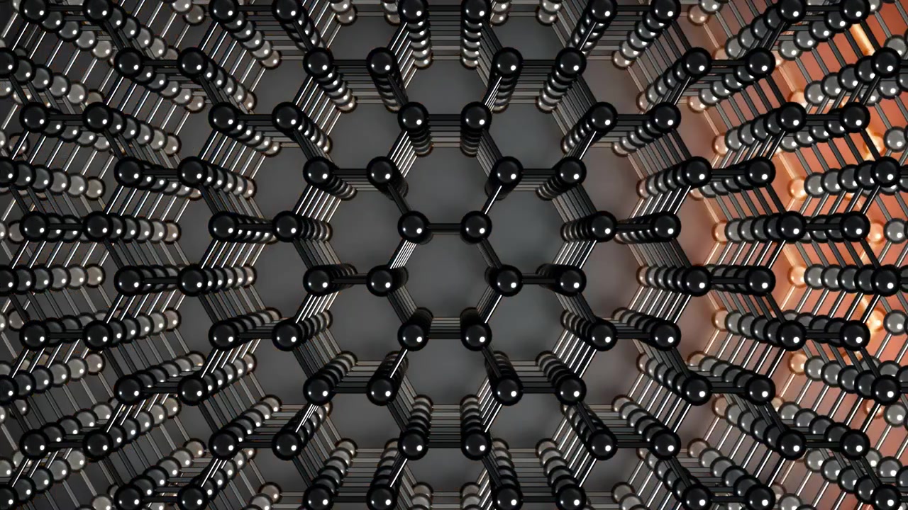 Pila di conducibilità termica del grafene, anello orizzontale in metallo. Questa animazione 3D di nanotecnologia rappresenta l'ingegneria a livello molecolare.