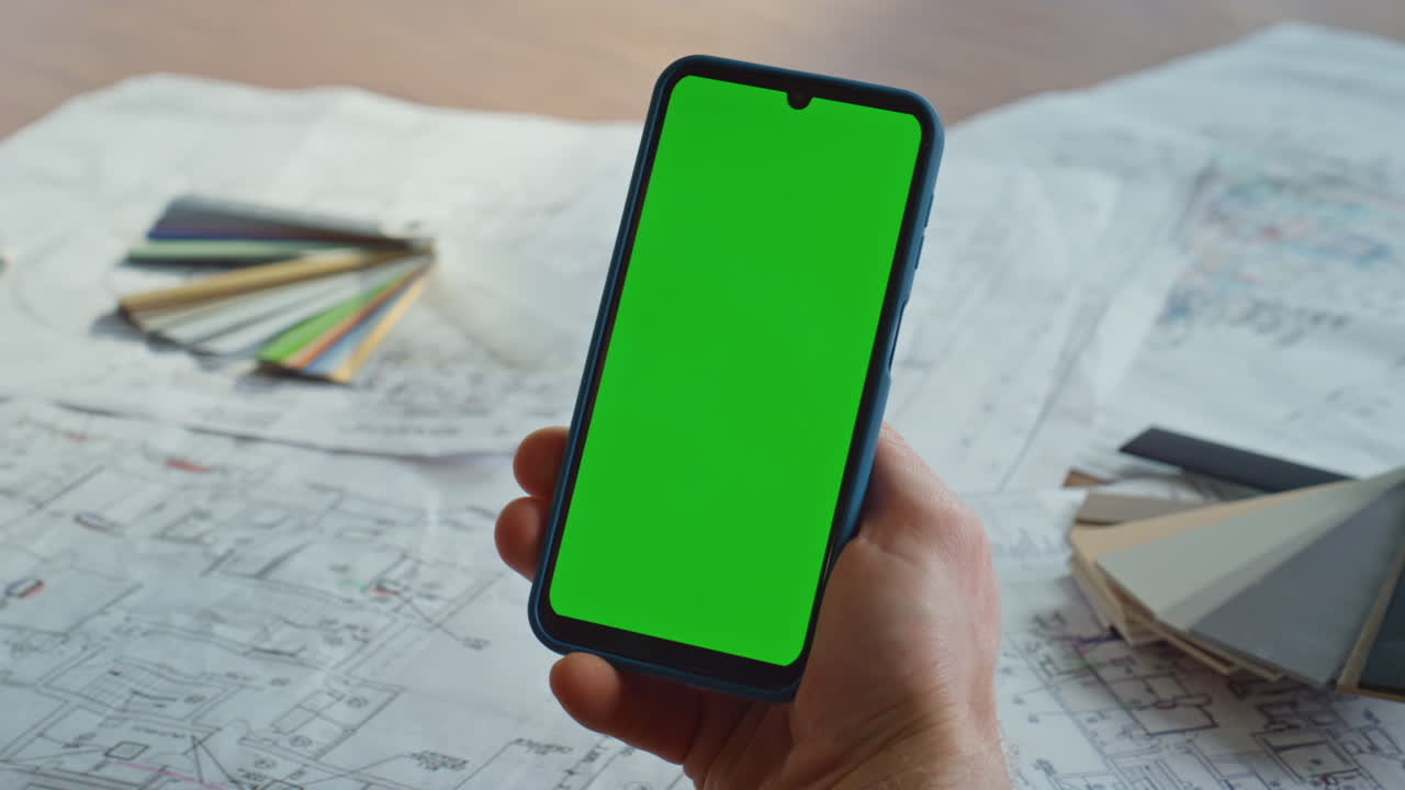 Un dipendente che tocca il cellulare sullo schermo verde in un primo piano dell'agenzia di progettazione del posto di lavoro