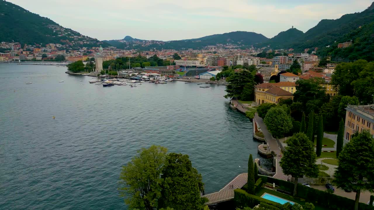 4K Aerial Drone Video of the Beautiful Lakeside Villas and Marina on Lake Como, Italy in the Summer