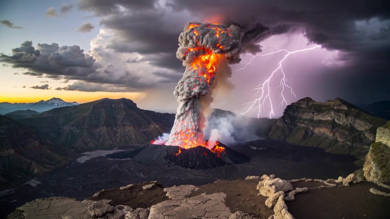 Vulcano in eruzione con magma in risalita che emette una colonna di cenere calda e colate di lava da una sporgenza rocciosa