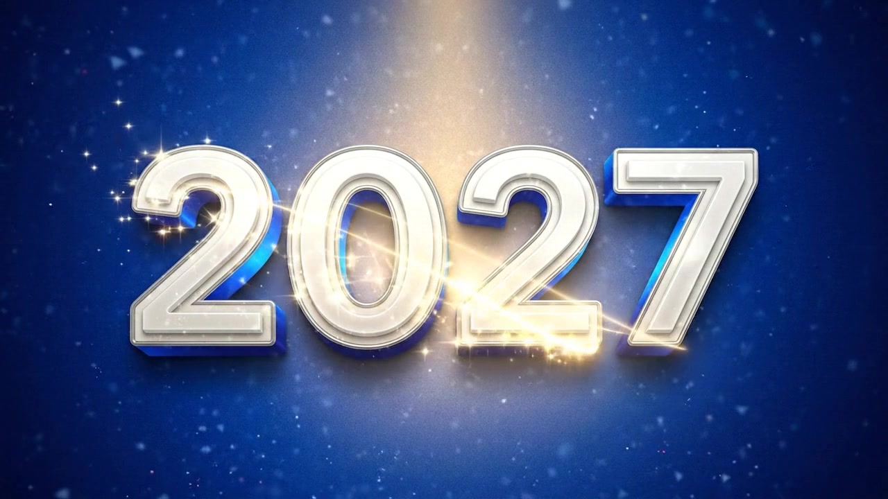 Testo animato 2027 con effetti di luce brillante su sfondo blu
