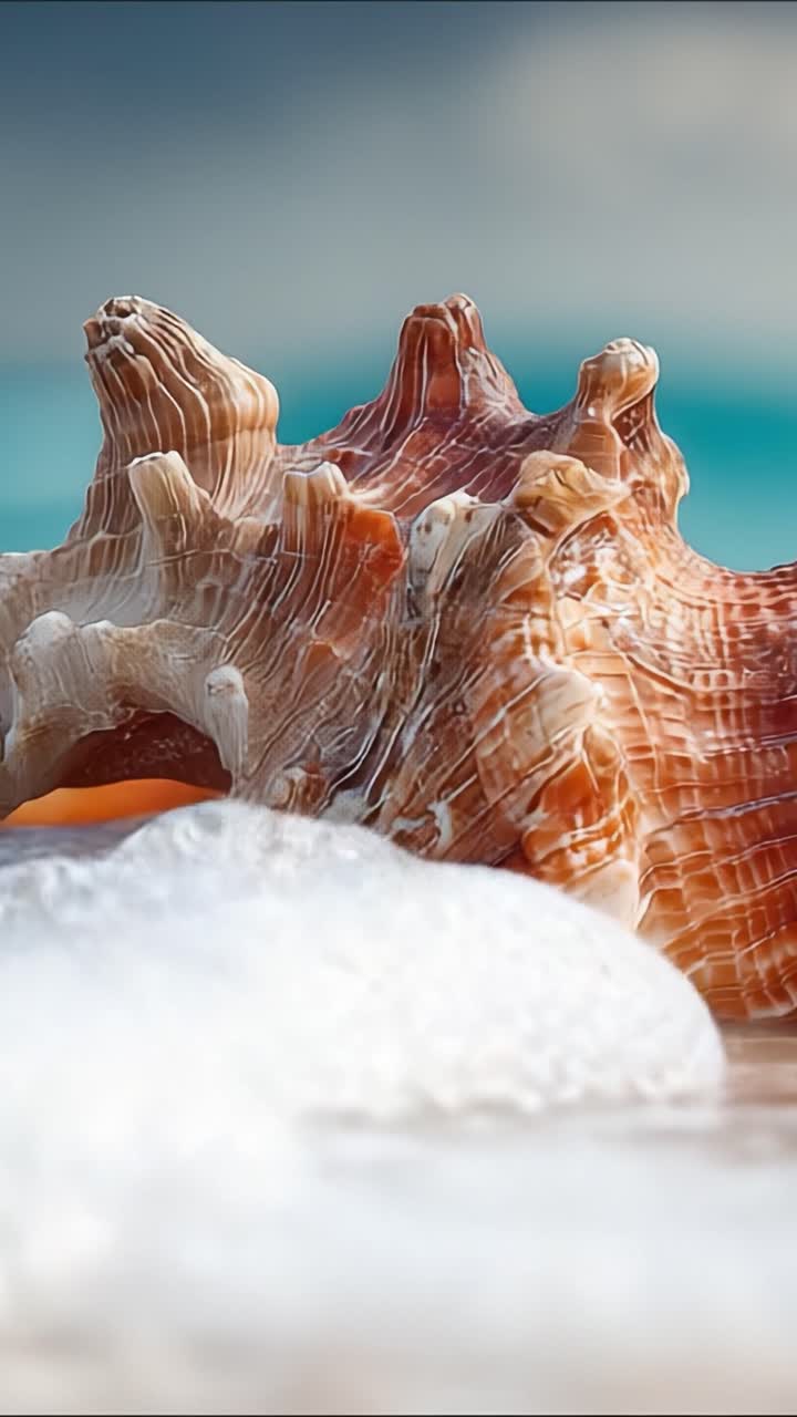 A Stunning Close-Up of a Beautiful Shell on the Beach, Showcasing Its Intricate Patterns and Natural Colors Under Soft Ocean Waves