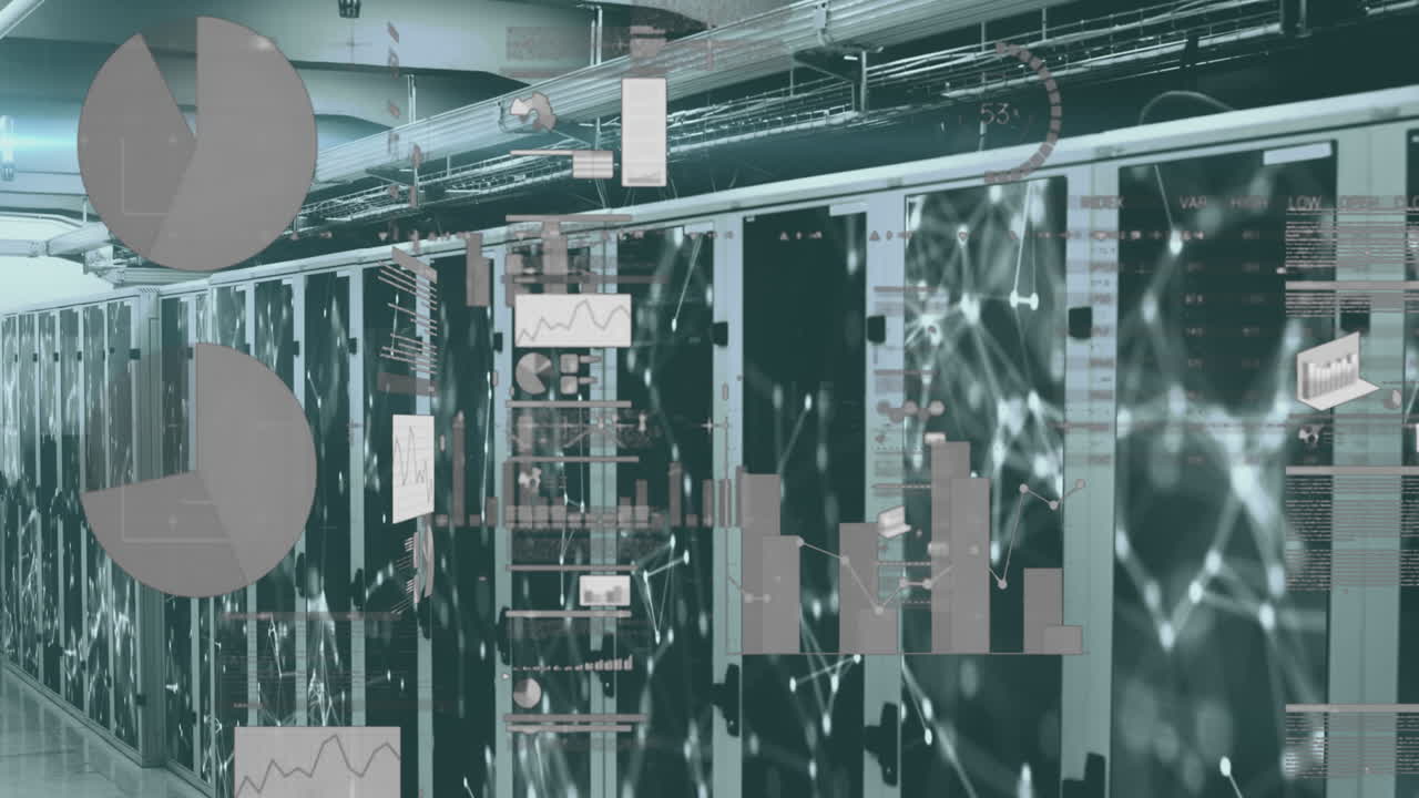 화면의 방 위에 떠다니는 여러 그래프와 통계의 애니메이션