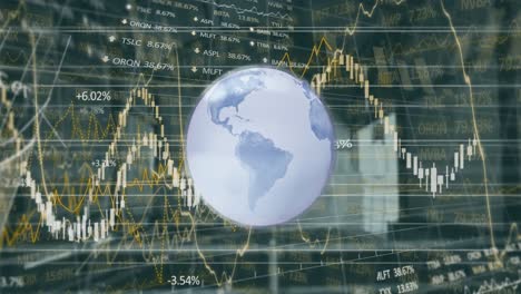 animación de gráficos financieros y globo sobre el edificio