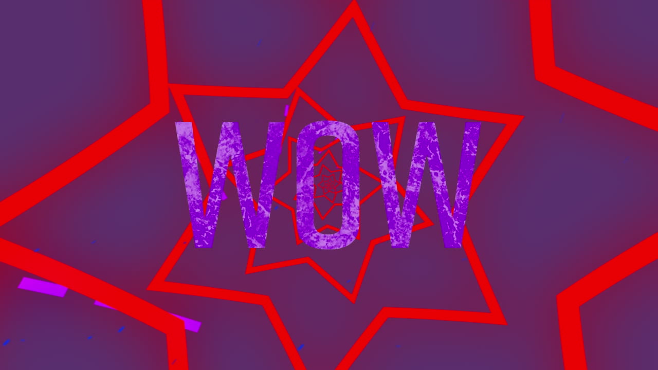 animación de texto wow sobre formas de estrellas sobre fondo púrpura