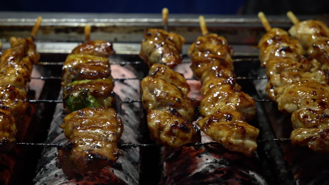 Delicious Kebab Skewers Grilling Over Hot Charcoal. Street Food In Daejeon, South Korea. closeup shot