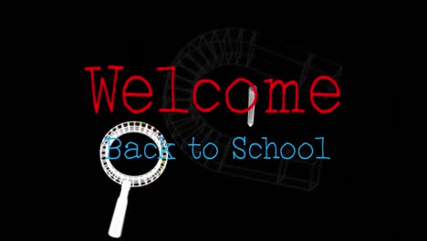 Animation-of-welcome-back-to-school-text-over-icons-on-black-background