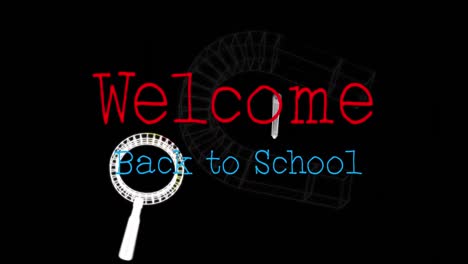 animación de texto de bienvenida a la escuela sobre iconos en fondo negro