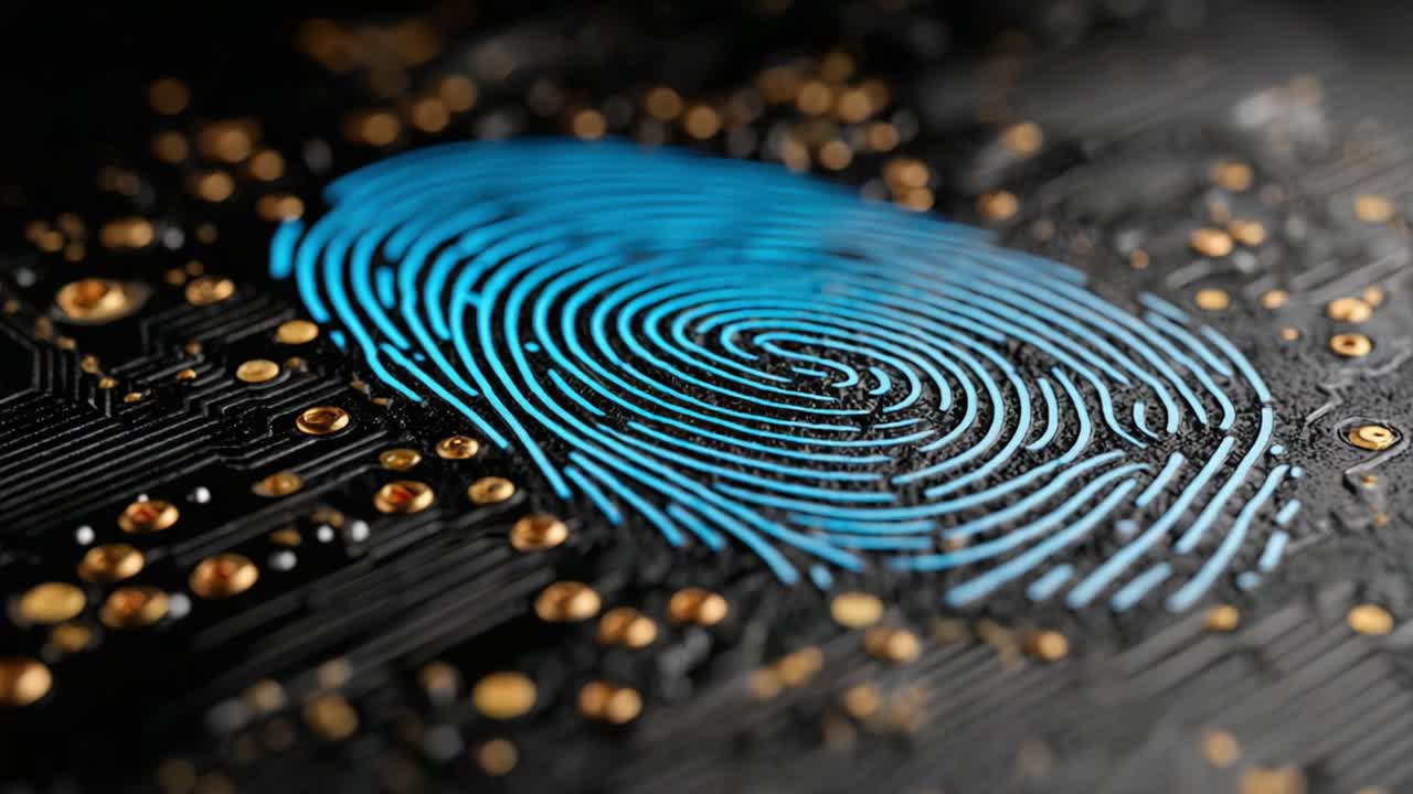 Um Close-up Intrincado de uma Impressão Digital Azul em uma Placa de Circuito, Representando a Fusão de Tecnologia e Identidade Pessoal em Sistemas de Segurança Digital