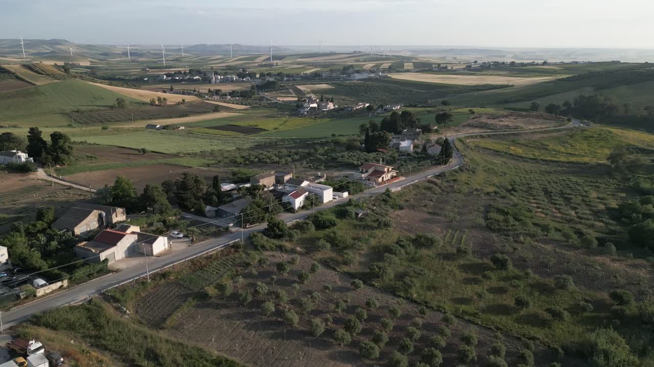 aerial Sicily Italy olive tree plantation for olive oil production hills landscape with wind turbine at distance