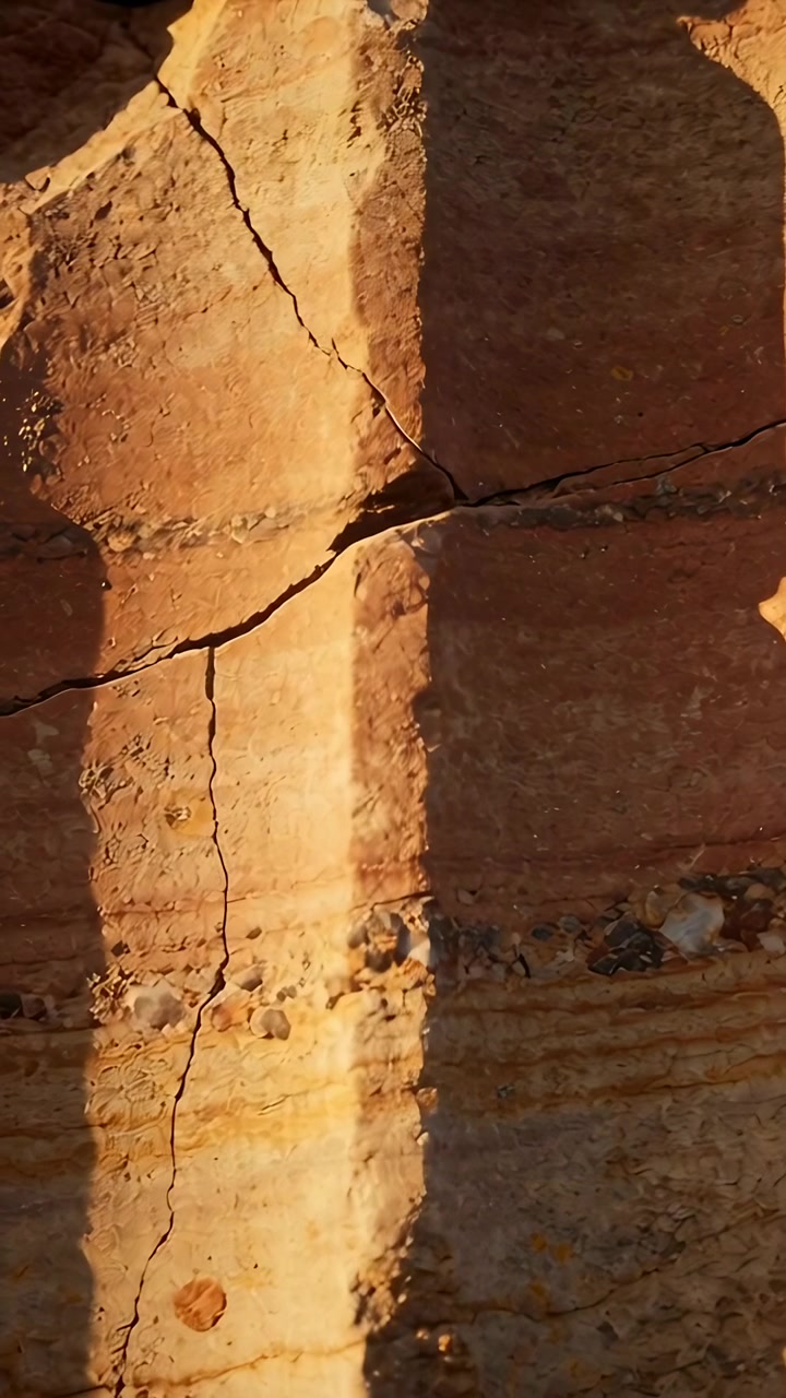 Video vertical: Dos sombras largas que se desplazan sobre una pared de arenisca mientras la gente se mueve ligeramente.