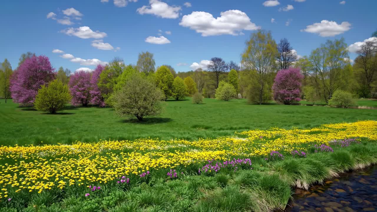 A wide-angle video captures a vibrant spring landscape with blooming flowers, lush greenery