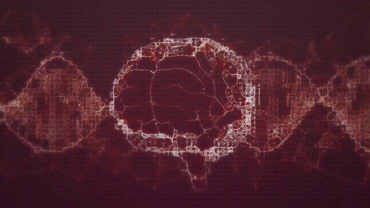 Animation of digital brain and dna strand on red background