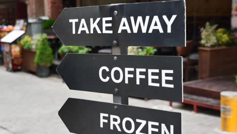 take away, coffee, and frozen sign at cafe